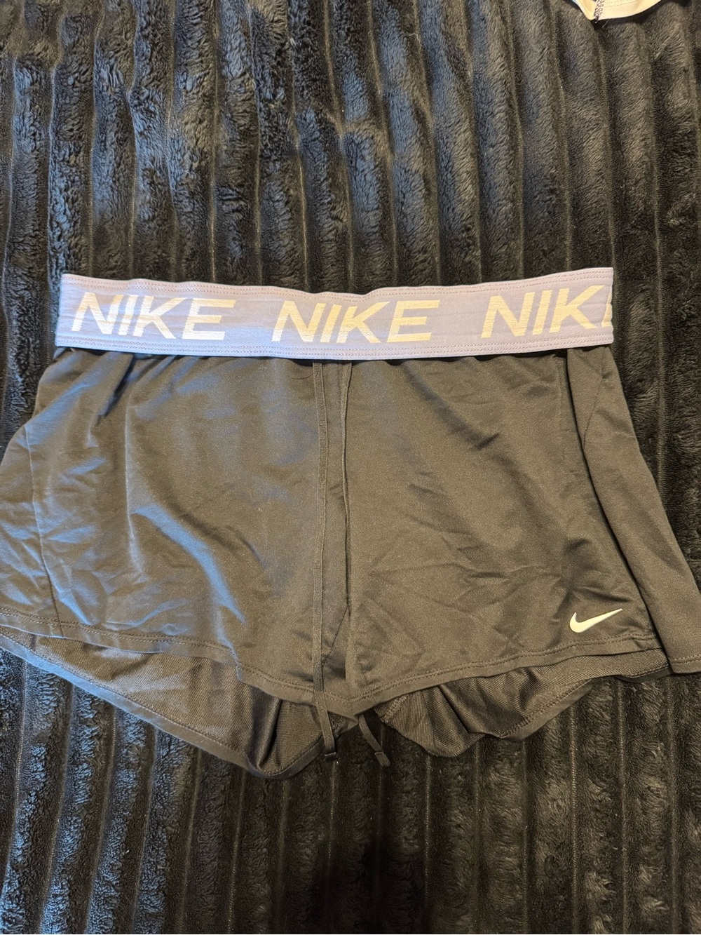Nike Women's Black Athletic Shorts with Lavender Logo Waistband